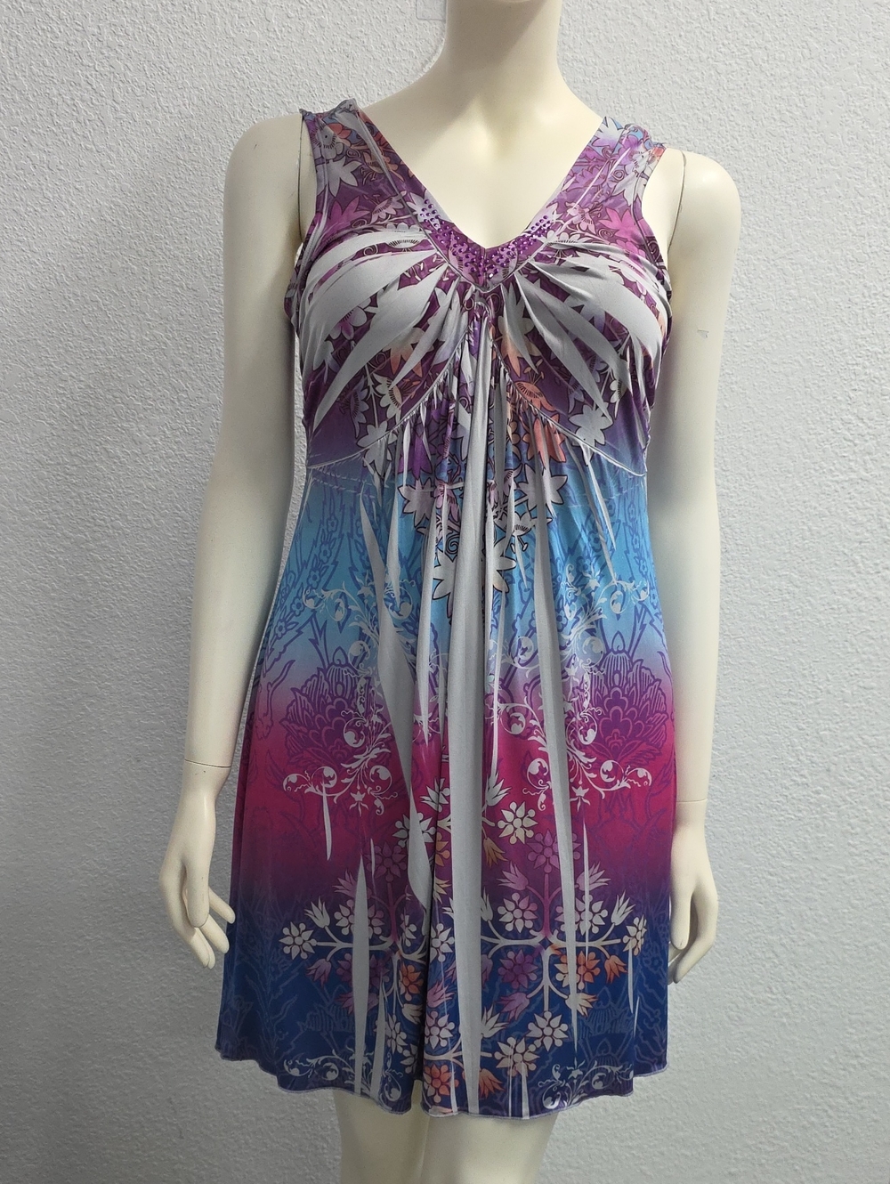 One World White Multi  Ombre Floral Sleeveless Empire Dress Size Large